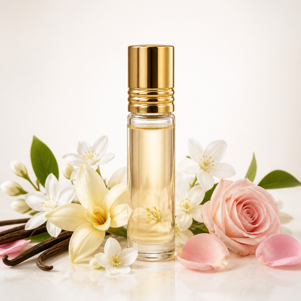 Floral attar bottle with jasmine vanilla and rose