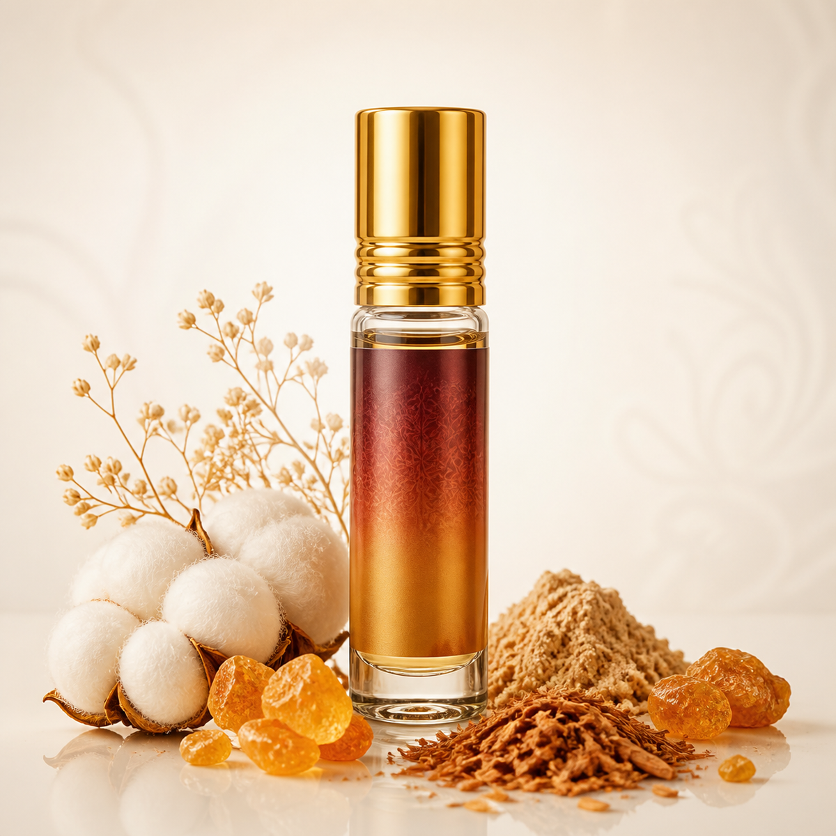 Musk attar bottle with cotton amber and sandalwood